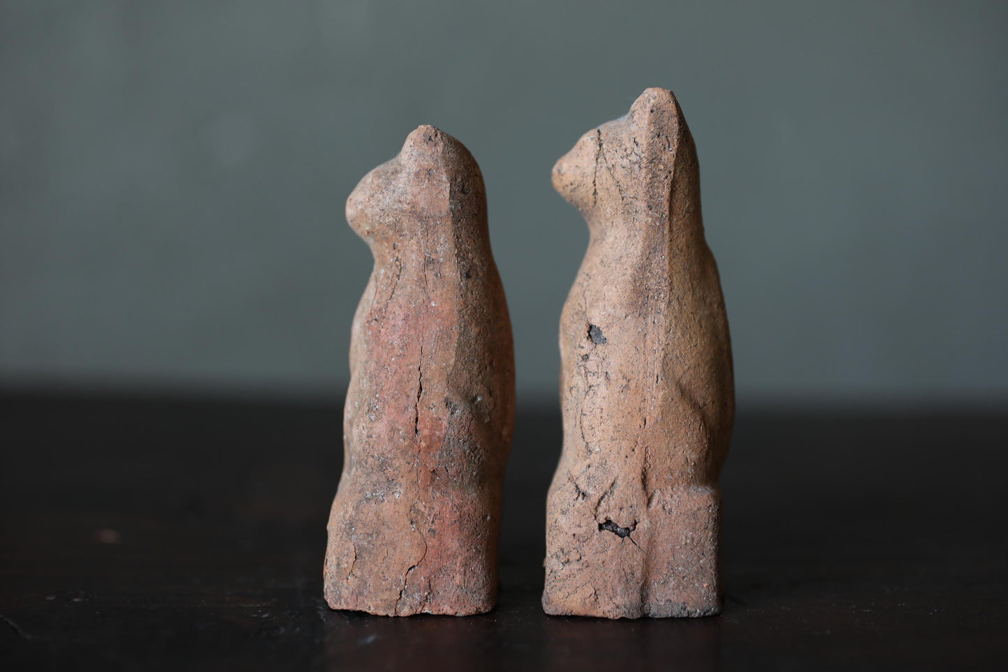 Japanese Antiques KITSUNE Dolls, Imado-yaki Pottery Pair (H3.7in)