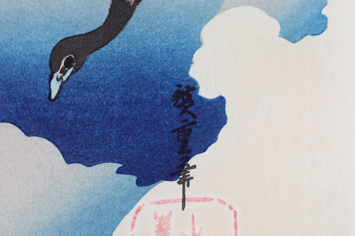 a close-up view of a black bird, possibly a goose, with a blue background and a cloud-like shape. There is also some Japanese text present in the image.