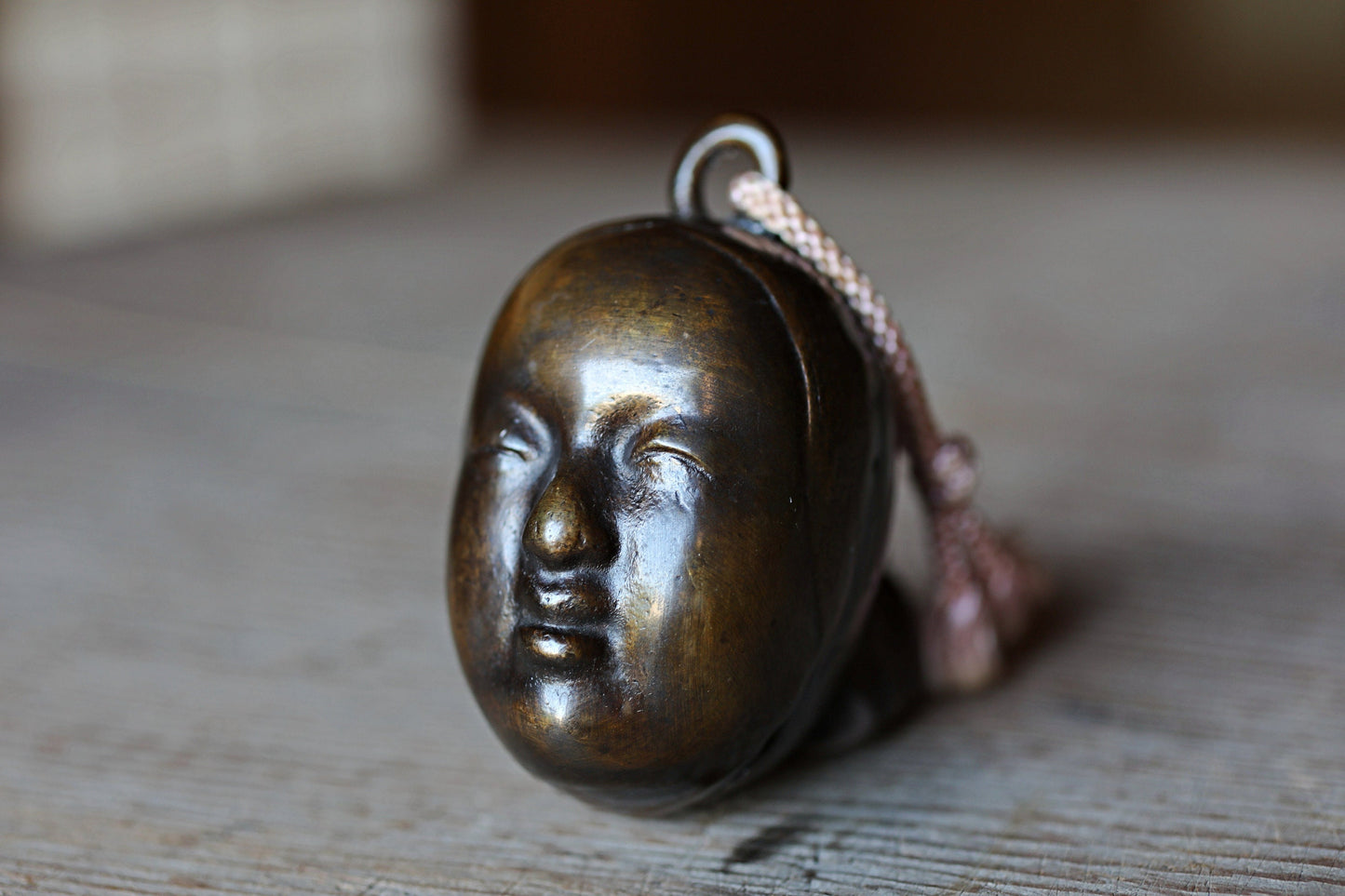 Vintage Bronze Bell - Japanese Noh Mask Koomote Ornament Paperweight 3in