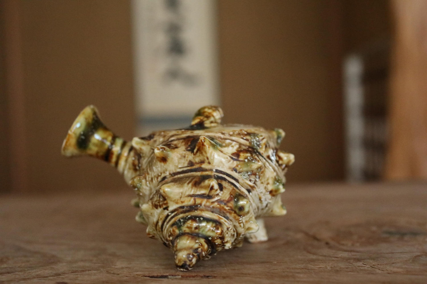 Vintage Ceramic Teapot - Japanese Sencha Tea Pot with Turban Shell Design & Green Oribe Glaze