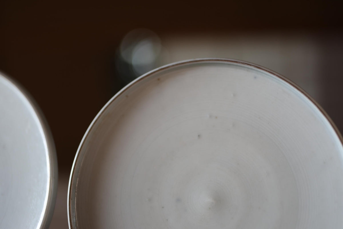 a close-up view of a white plate with a small amount of food on it, set against a blurred background.