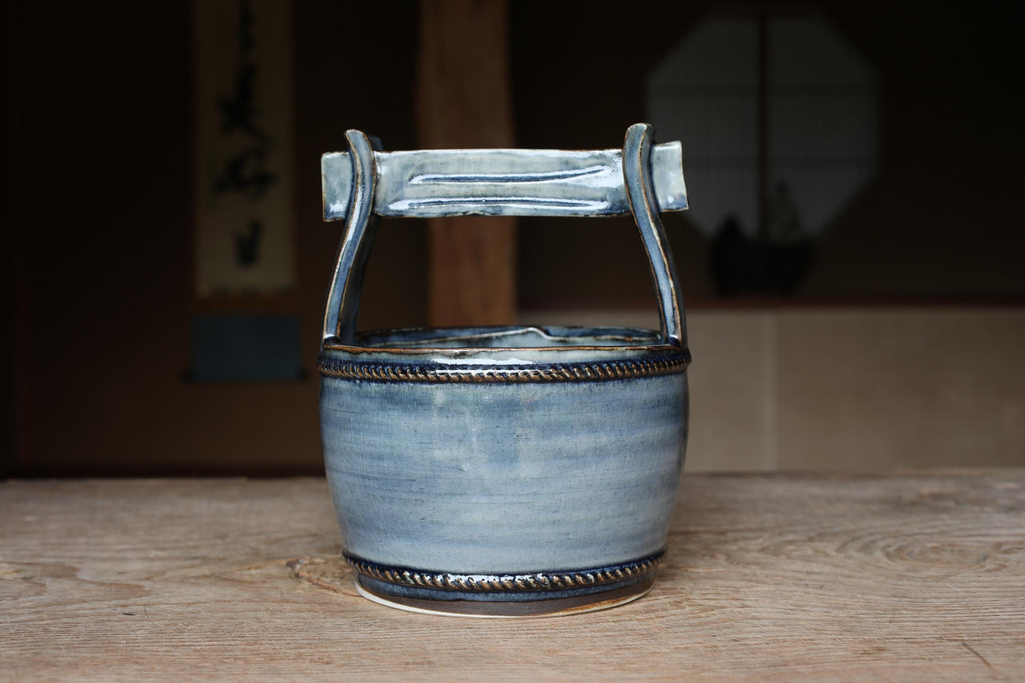 Japanese Vintage Flower Vase - Kiyomizu-Yaki Pottery Indigo Ceramic Teoke Design