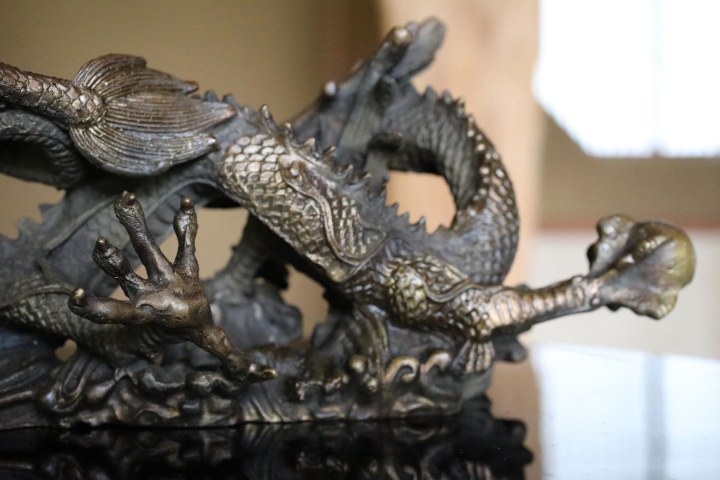 Japanese Dragon Statue - Bronze Dragon Figurine With Crystal Ball, Feng Shui Decor