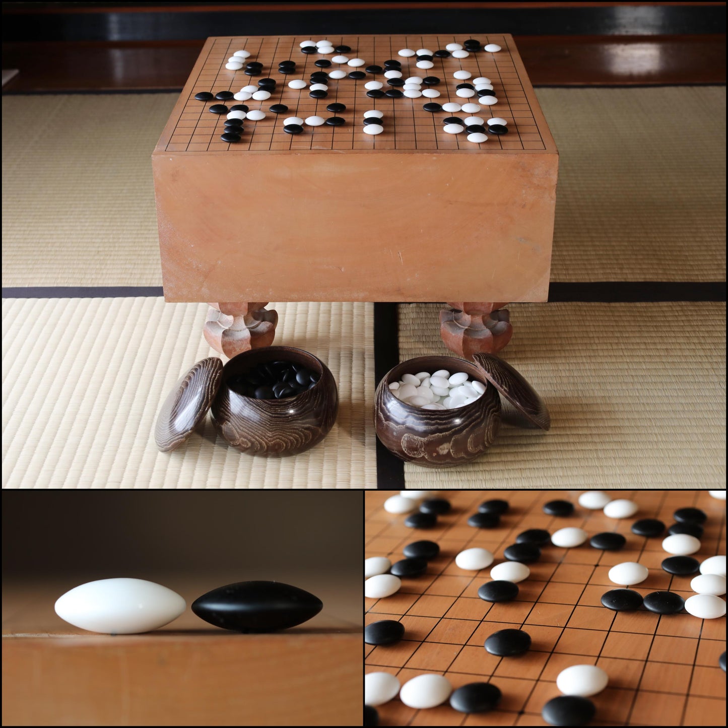 Solid Wood Go Board - Premium Japanese Goban Table With Thick Go Stones & Vintage Wooden Bowls