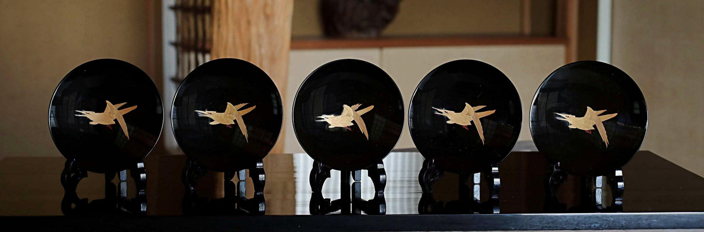 Japanese Lacquer Bowls – Antique Makie Lacquerware Set of 5 with Gold Falcon Design