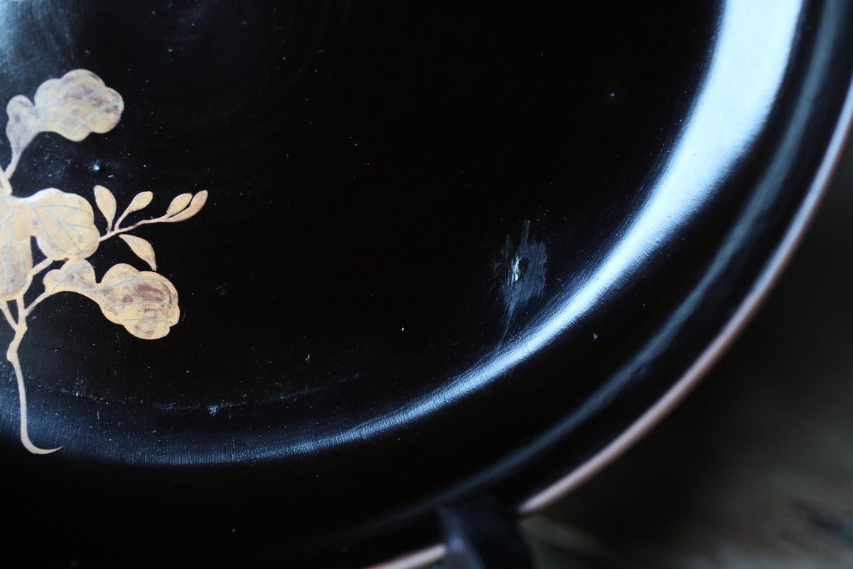 a close-up view of a black plate with a gold floral design on it.
