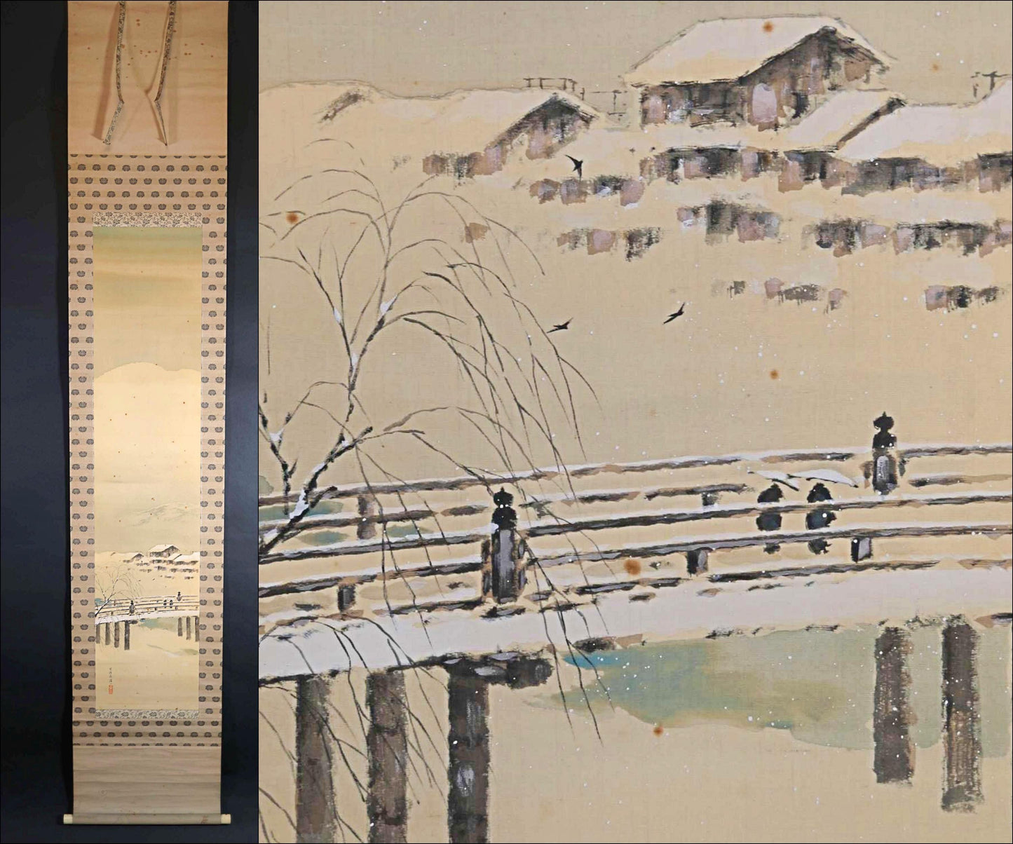 Japanese Antique Scroll - Kyoto Snow Painting on Silk and Paper, Signed Hirai Baisen Artwork