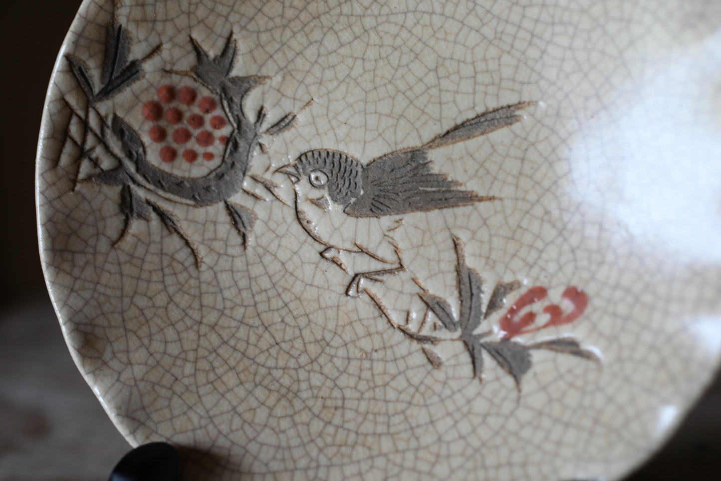 Shino Plates Set - Japanese Antique Tableware | Bird Pomegranate Design, 5 Handmade Ceramic Plates