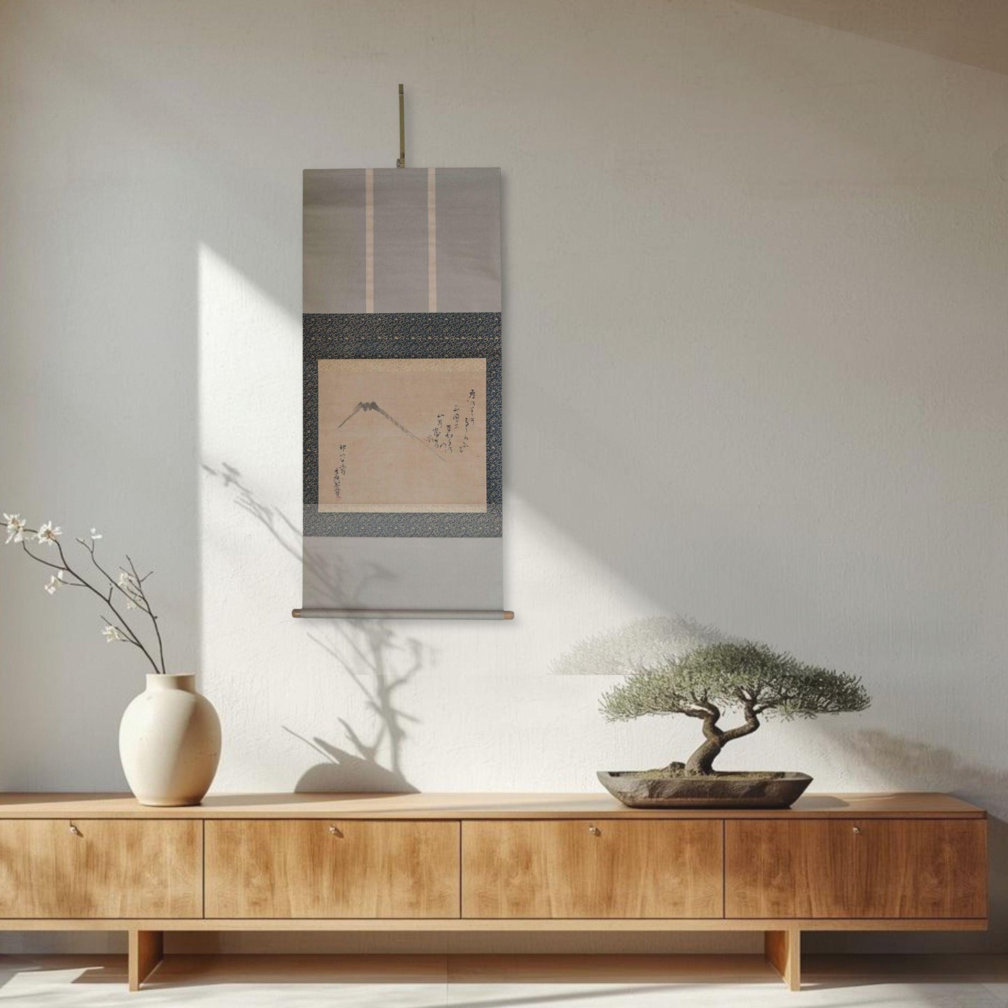 Antique Japanese Zen Scroll – Mt Fuji Ink Painting with Kanji Calligraphy & Bamboo Rollers