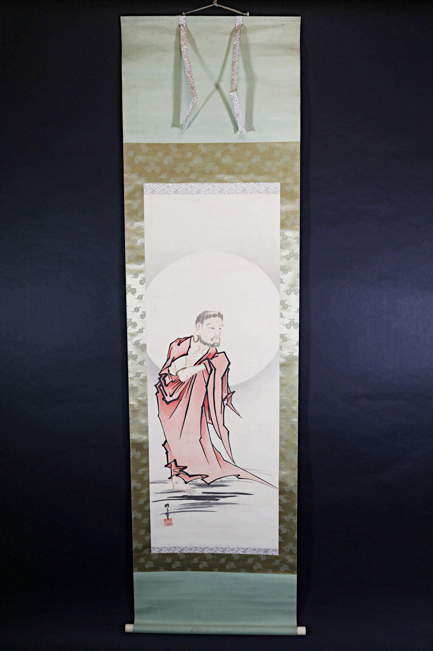 Japanese Zen Daruma Scroll - Vintage Hand Painted Buddhist Monk Portrait by Nagai Gyougetsu