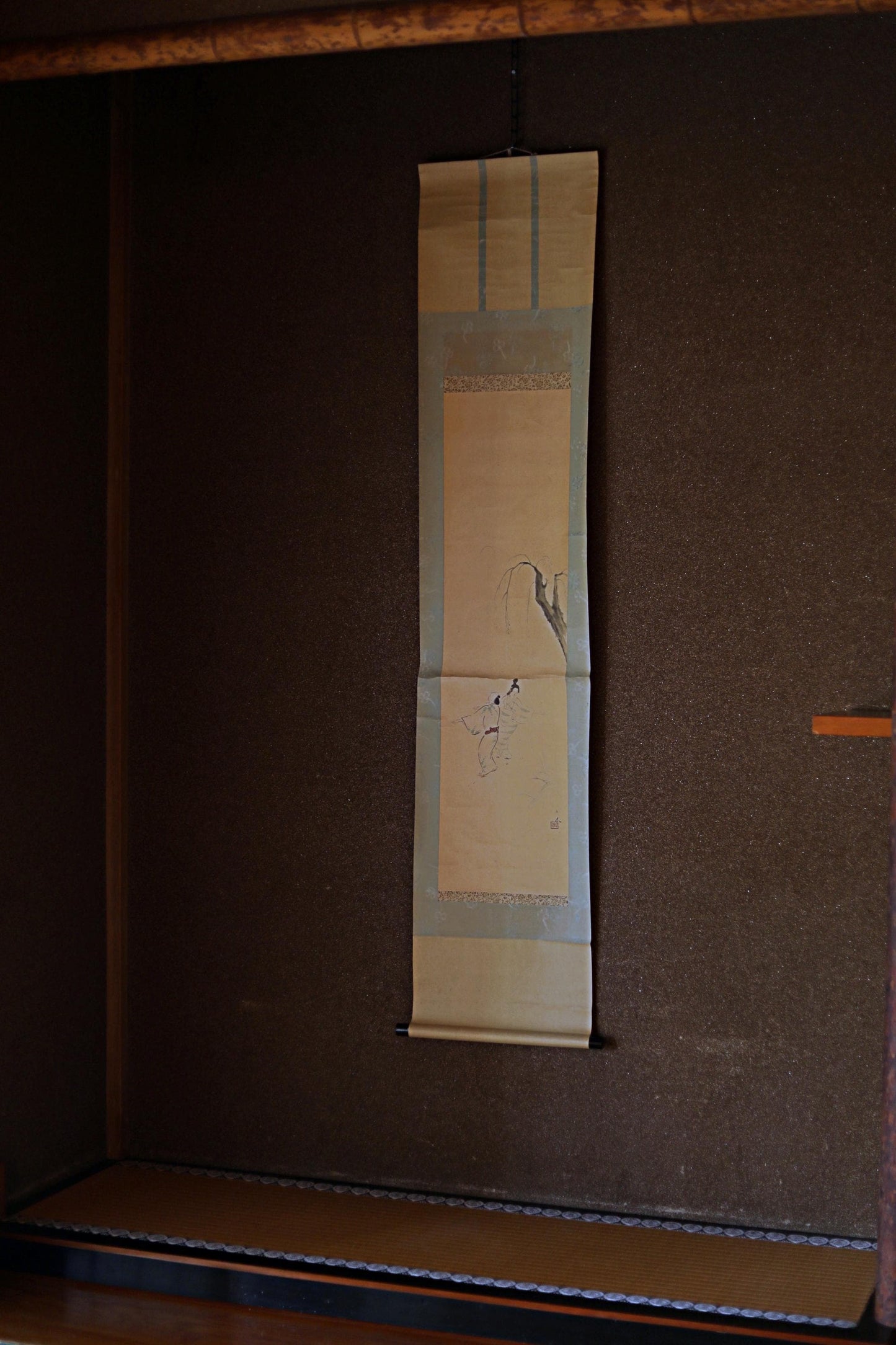 Japanese Antique Scroll - Vintage Hanging Scroll With Willow Tree Festival Dance Art
