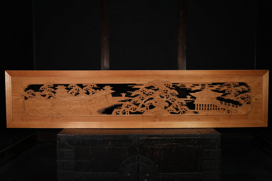 Japanese Wooden Ranma - Vintage Hand Carved Wood Panel With Seaside Pine Tree Carving