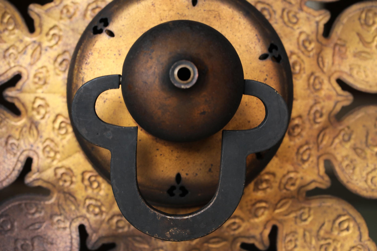 Japanese Antique Lantern - Bronze Hanging Hexagonal Temple Lantern with Lotus Fretwork Design