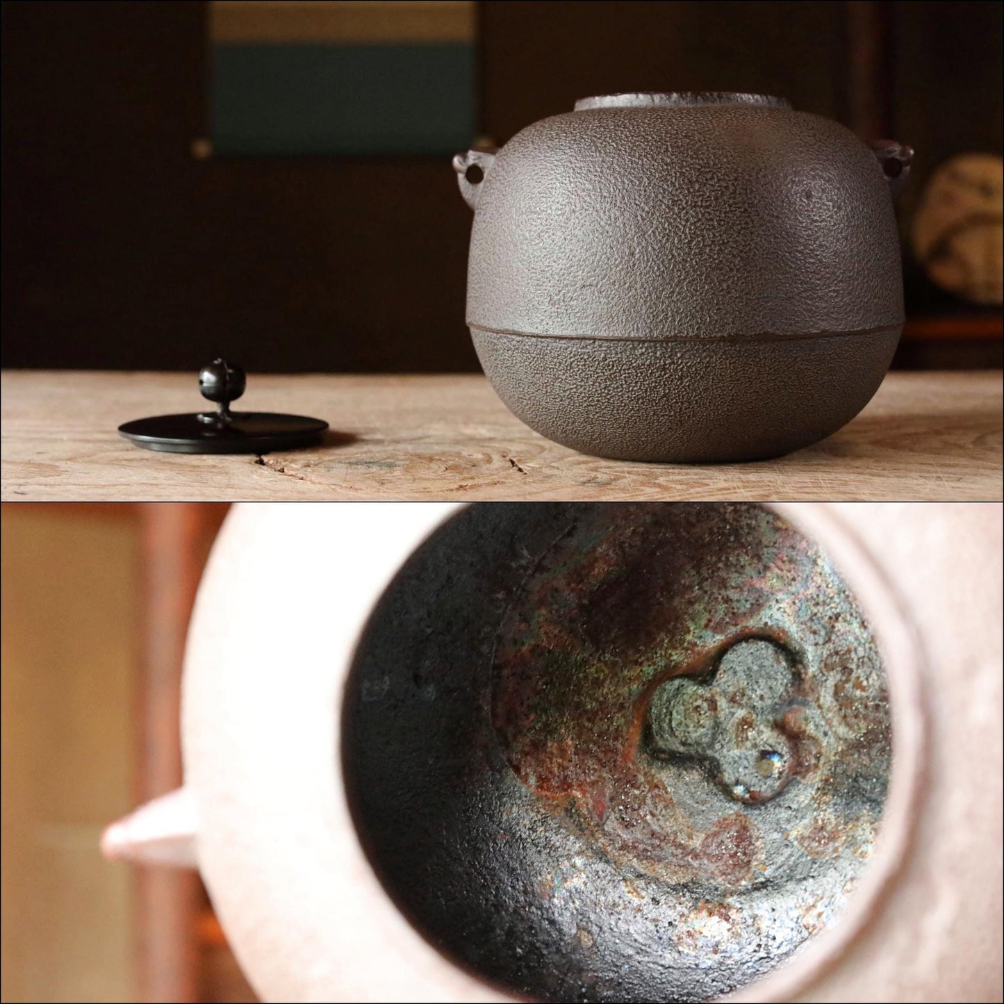 Japanese Cast Iron Kettle – Maru-Gama Tea Pot With Signed Wooden Box & Plum Blossom Lid