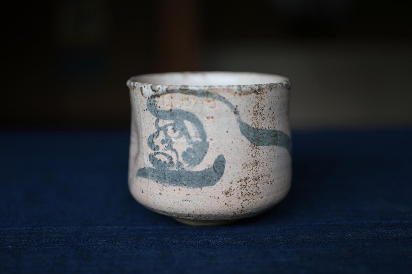Shino Tea Bowl - Handmade Japanese Ceramic Chawan with Zen Master Daruma Art