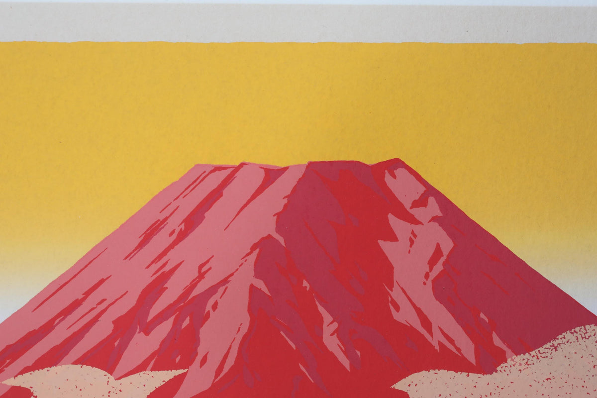 A stylized illustration of a red mountain peak against a yellow and white background.