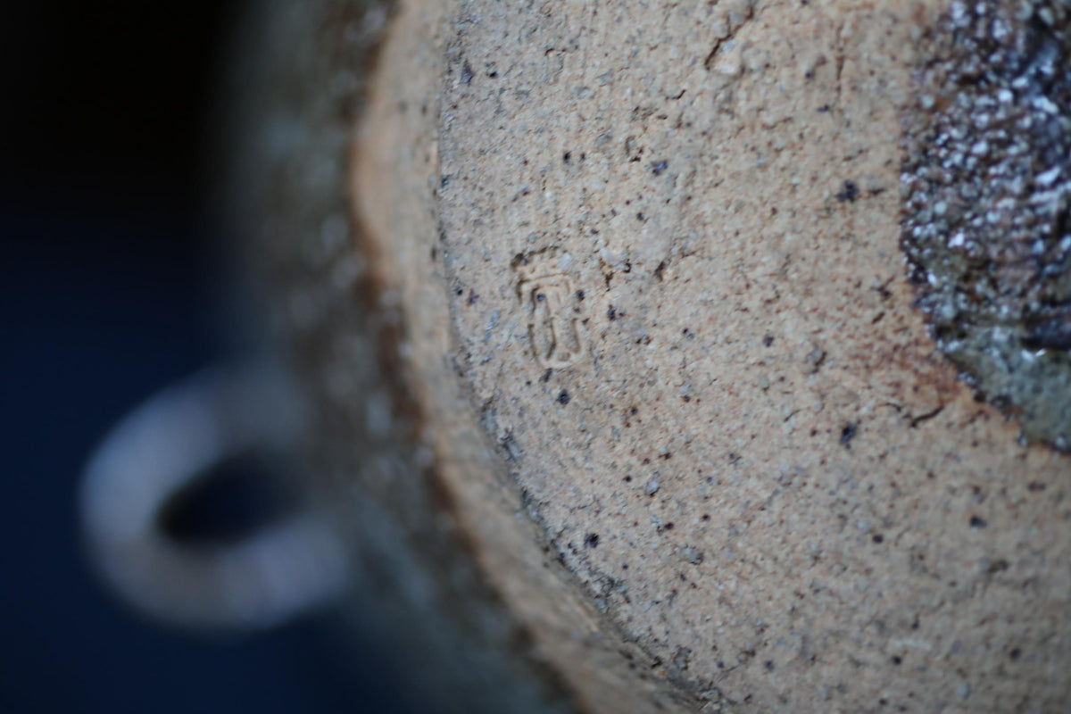 A close-up image of a textured surface, possibly a pottery piece or a stone, with a small symbol or mark visible on it.
