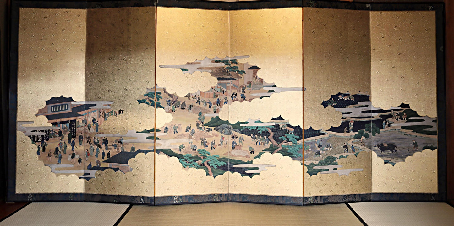 Japanese Folding Screen - Antique Byobu Screen with Gold Leaf Clouds & 1800s Art