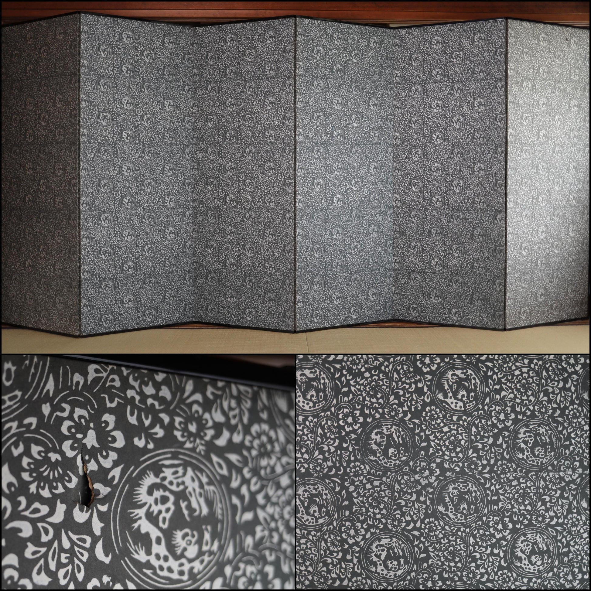 The image is a collage of three photos featuring a black and white patterned fabric or wallpaper. The top photo shows a large, folded piece of the material, while the bottom two photos focus on the intricate details and patterns of the fabric.