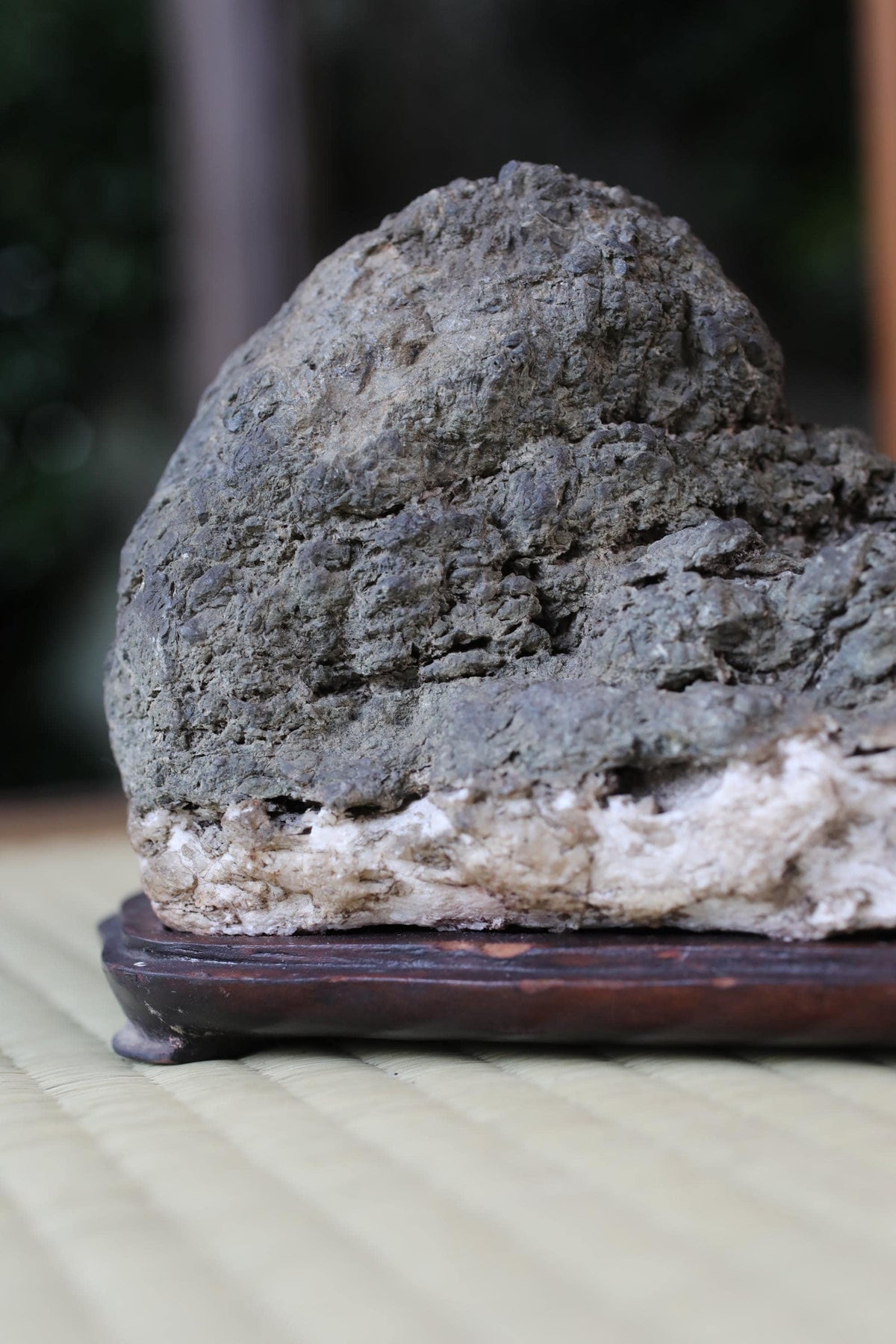 A close-up image of a large, rough-textured rock sitting on a wooden base.