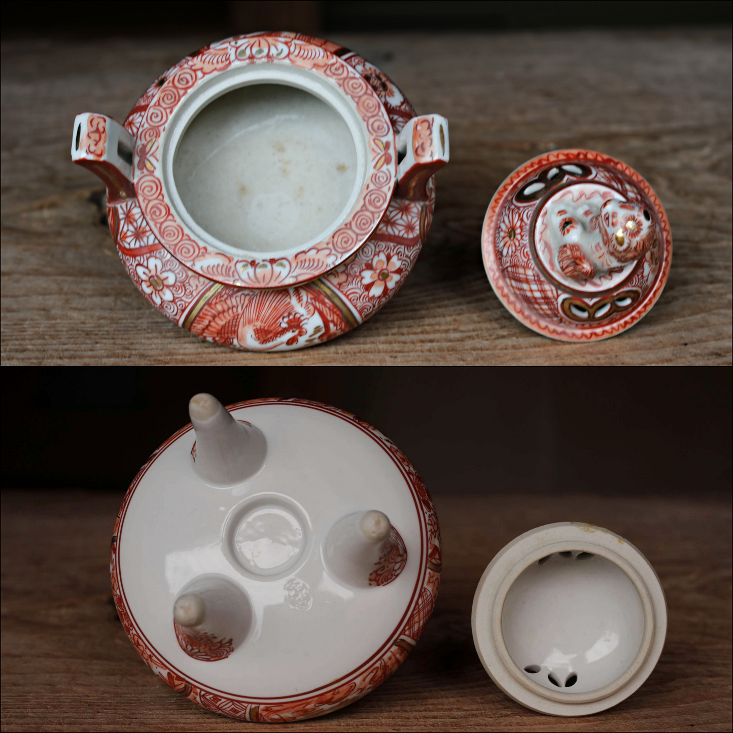 Japanese beautiful vintage KUTANI ceramic censer incense burner with lion, phoenix flower, gold and red, For GIFT W4.7in/W12cm