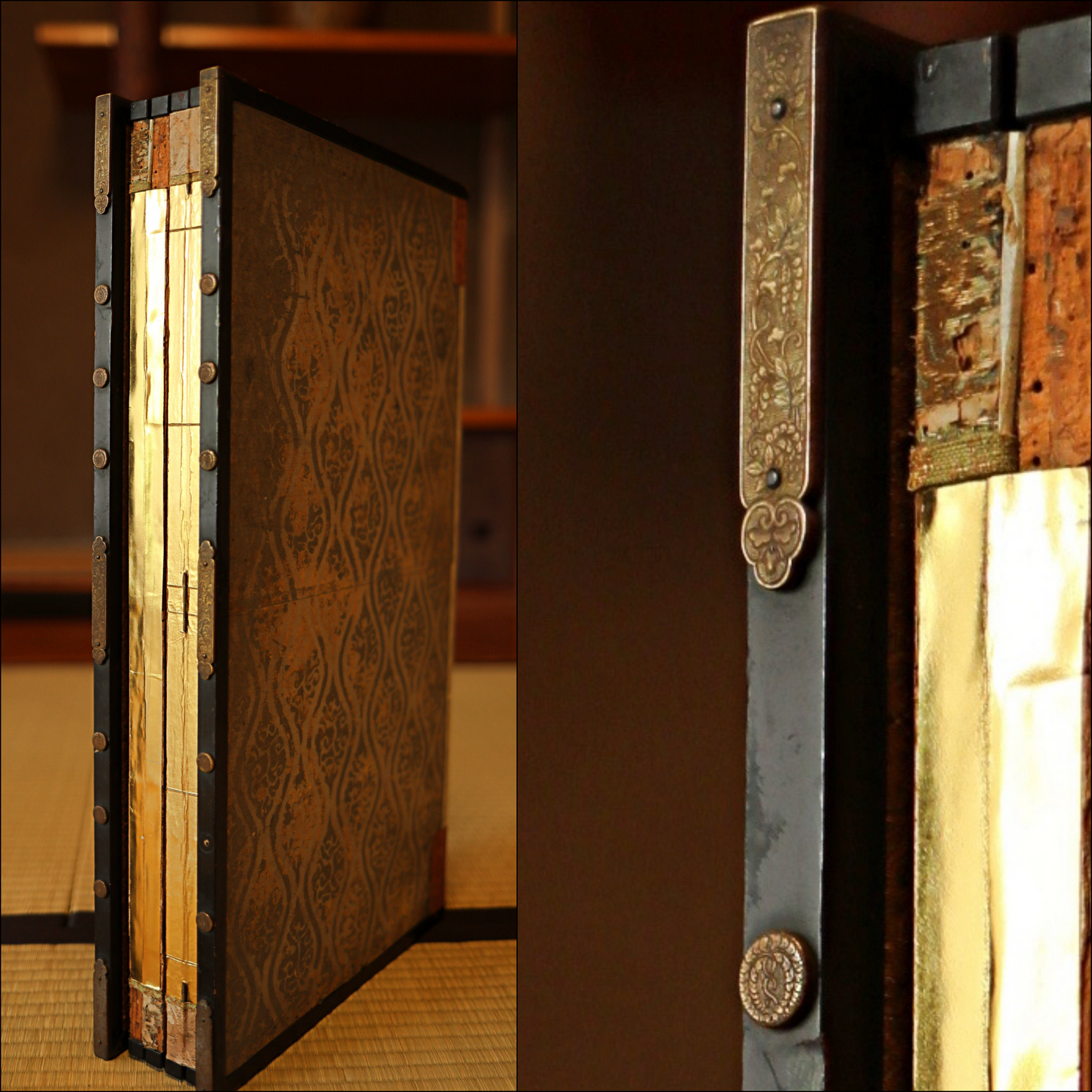 FINE! Japanese antique furniture 1700s EDO Byobu wind screen hand painting, Real Gold background with bamboo with sign W55.1in/H140cm