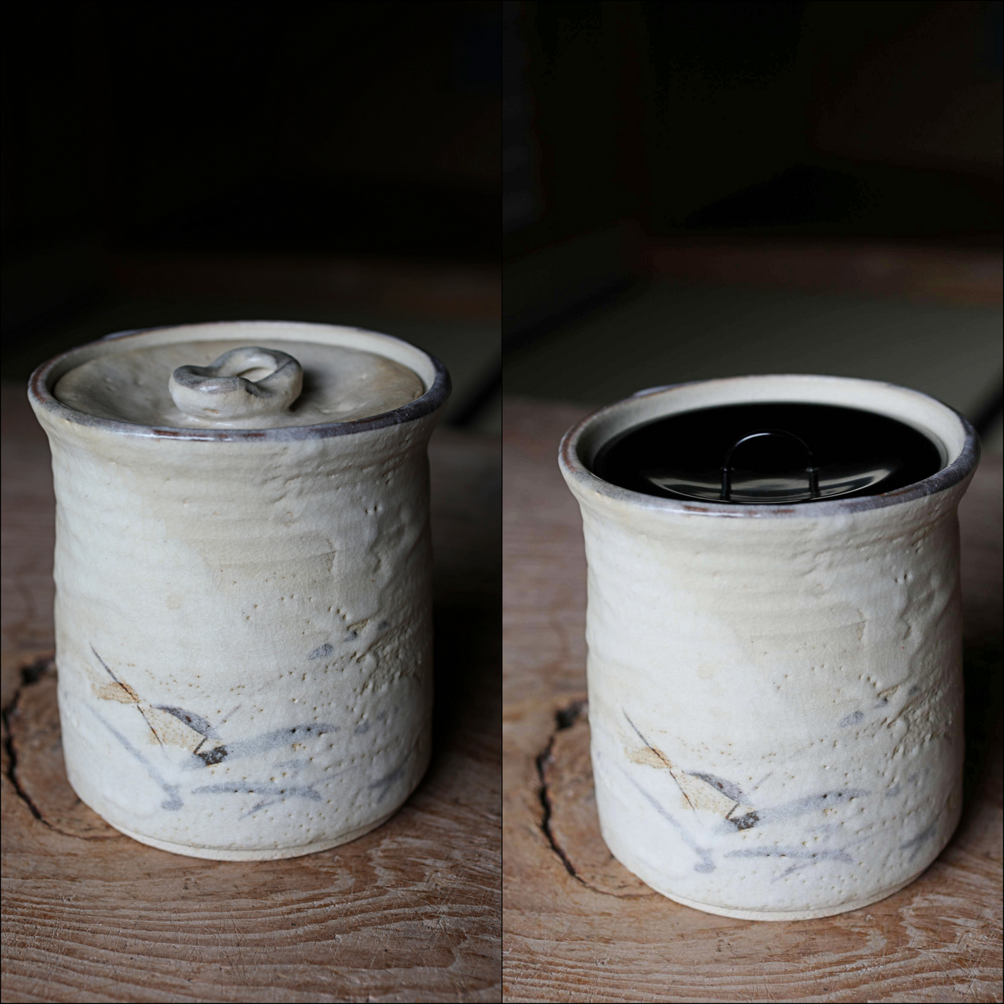 Japanese vintage Mizusashi jar with Two types of lids ceramic kiln craft For Tea ceremony "Shino" with signed W5.4in/W13.8cm