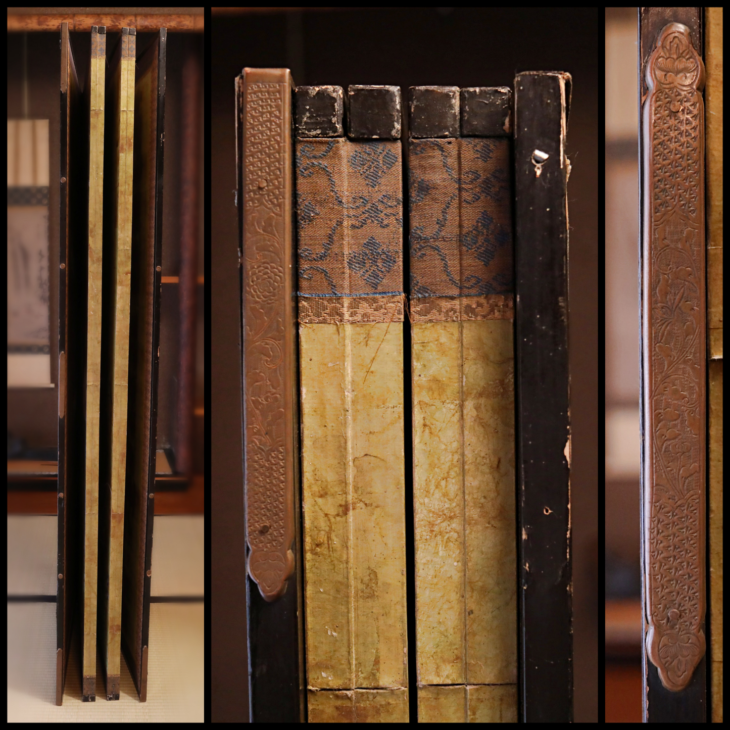 FINE! Japanese antique 1900s furniture Byobu folding screen of water color painting,  plum blossom birds and flowers with gold H69.3in/H176cm