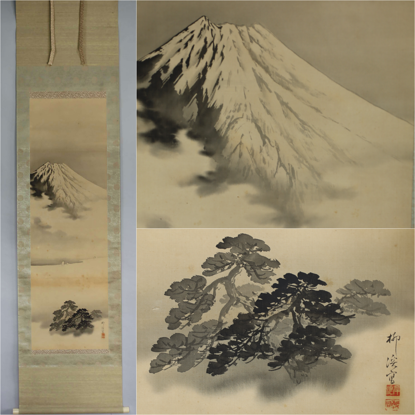 Fujiyama Japanese antique ink wash painting hanging scroll, KAKEJIKU 岸浪柳渓 (1855-1935) signed Boxed 77in/195.5cm