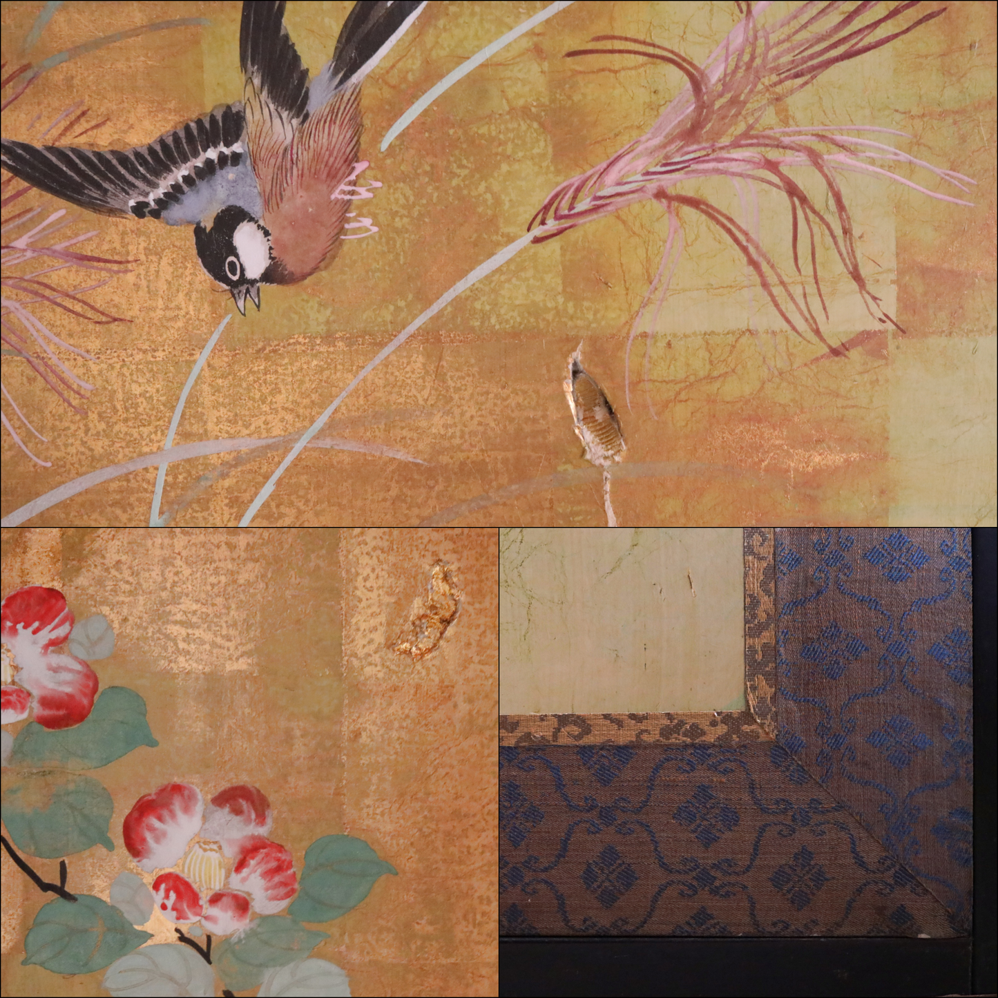 FINE! Japanese antique 1900s furniture Byobu folding screen of water color painting,  plum blossom birds and flowers with gold H69.3in/H176cm