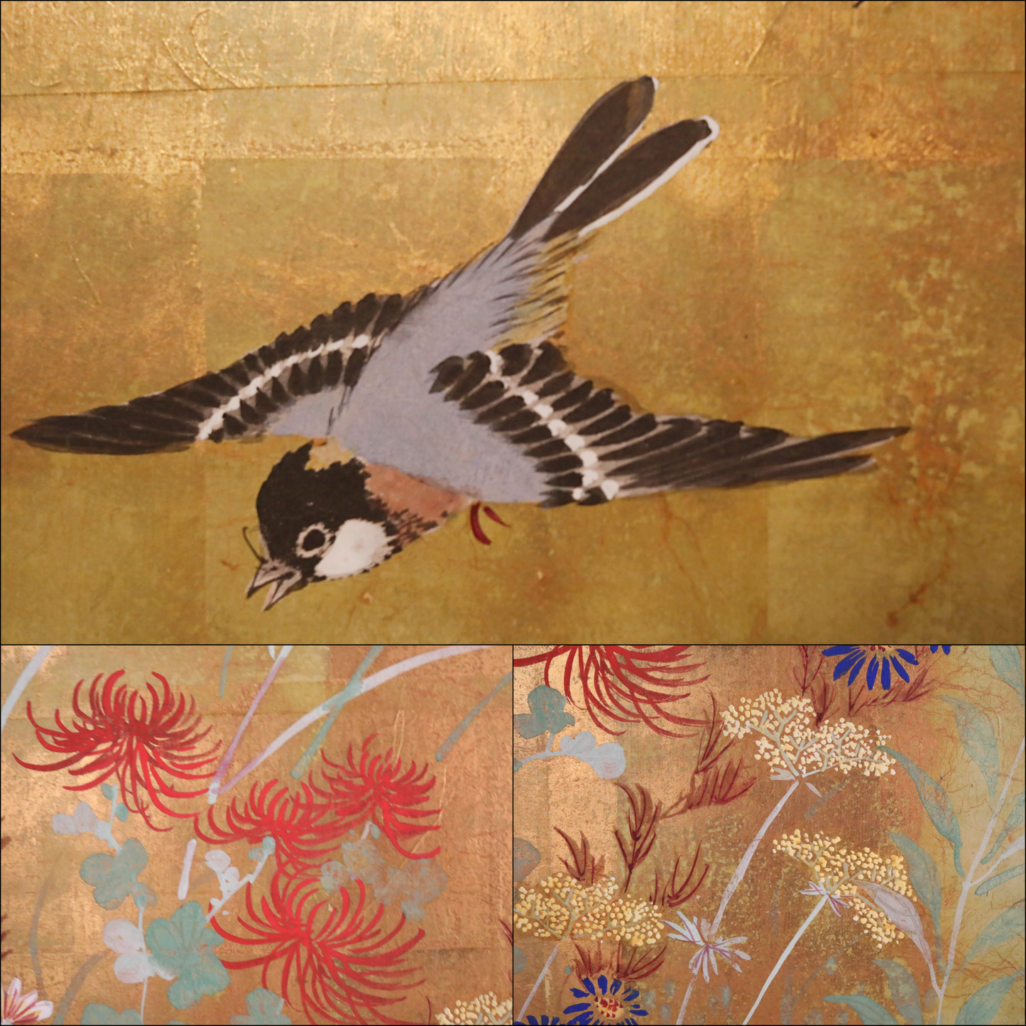 FINE! Japanese antique 1900s furniture Byobu folding screen of water color painting,  plum blossom birds and flowers with gold H69.3in/H176cm