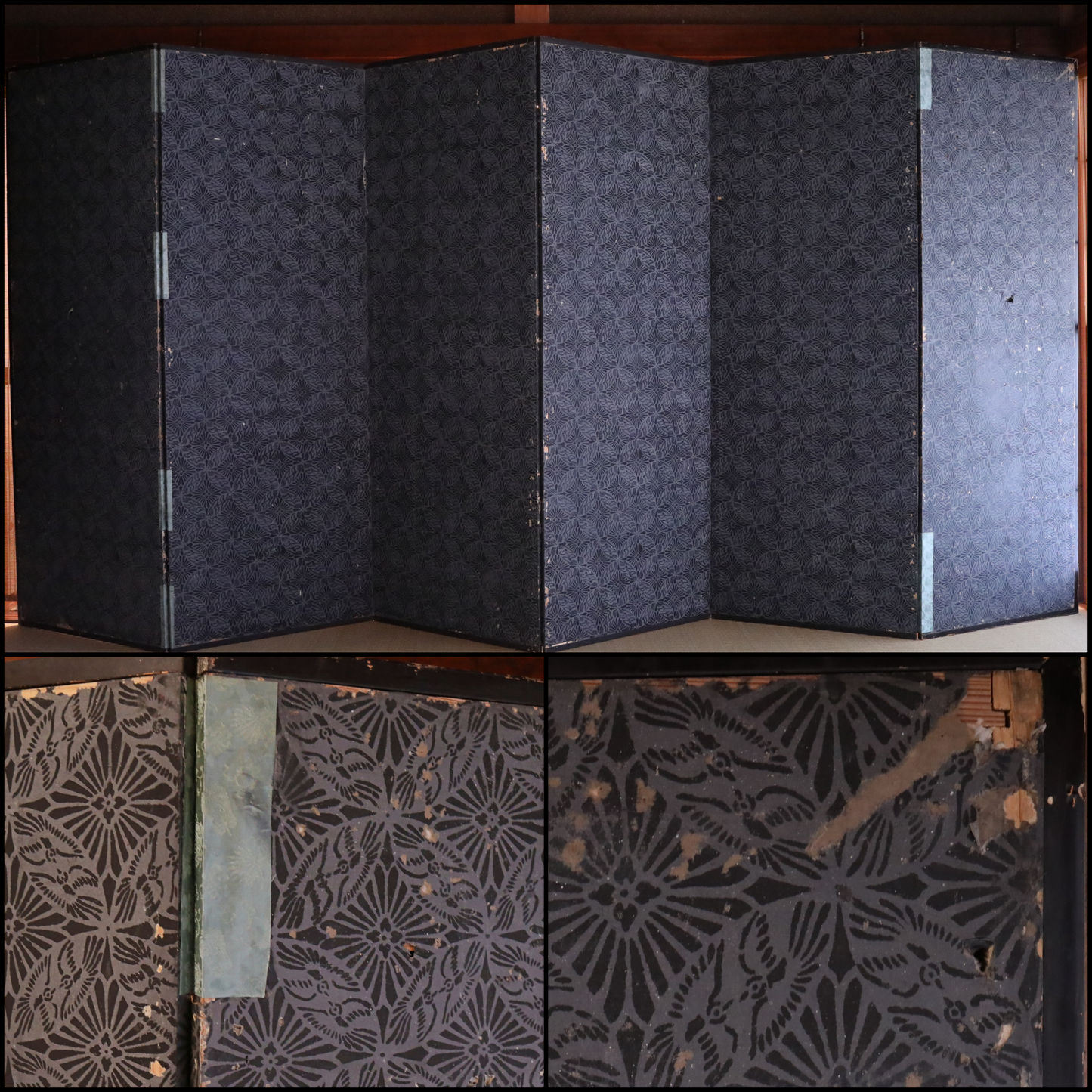 FINE! Japanese antique 1900s furniture Byobu folding screen of water color painting,  plum blossom birds and flowers with gold H69.3in/H176cm