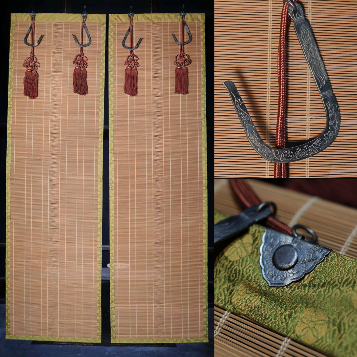 Japanese furniture a pair of bamboo screen, Window Screen Shade Blind hanging roll with silk, hook, tassel H68.1xW20.1in /  H173×W51cm