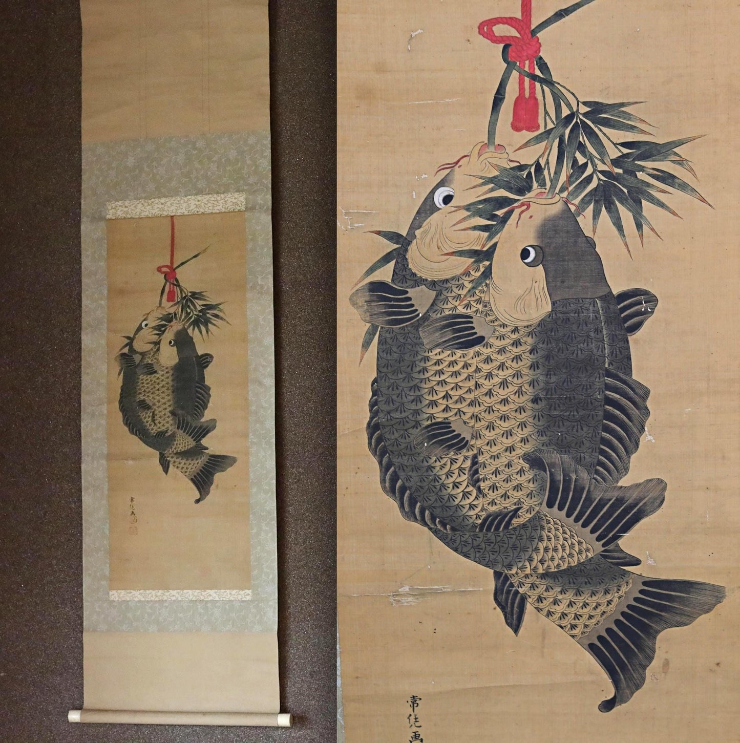 Japanese Antique Scroll - Signed Kakejiku Carp Painting | Edo Period Watercolor Art