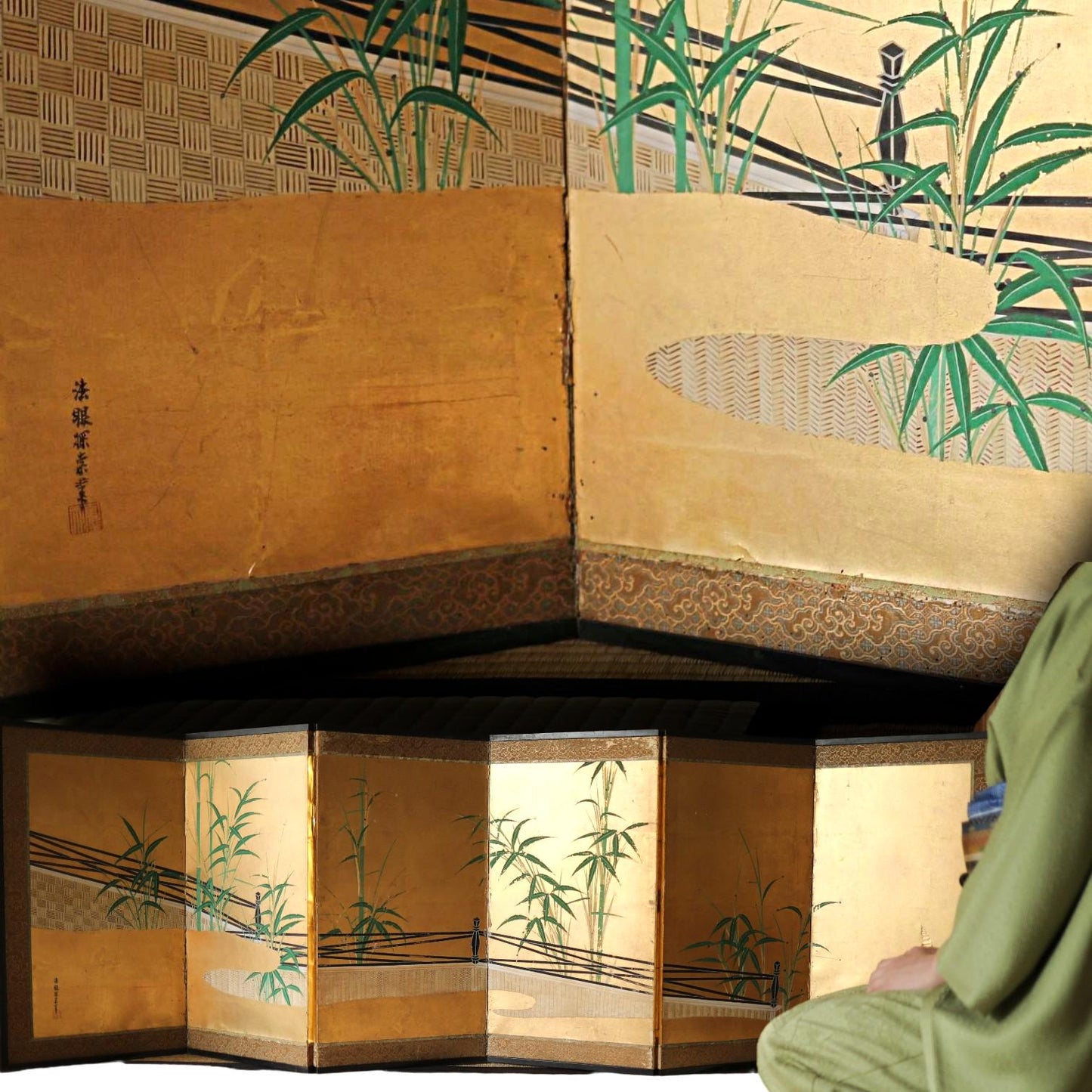 Japanese Gold Leaf Screen - Antique Edo Period Folding Byobu With Bamboo Painting