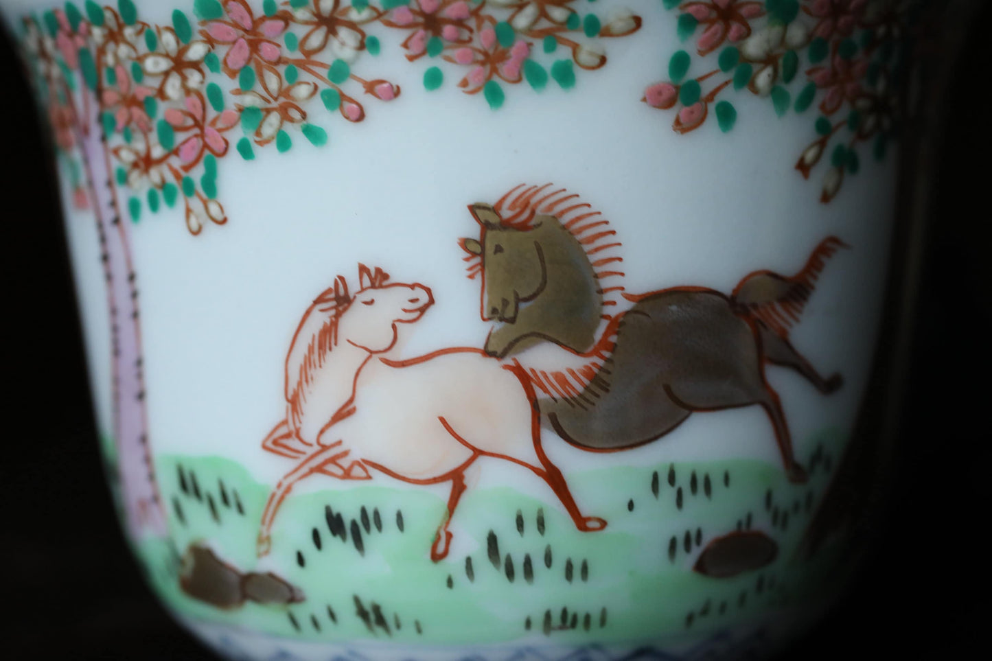 Kutani Sobachoko Cups - Antique Porcelain Tea & Sake Set with Hand-Painted Horses, Floral Rim Design
