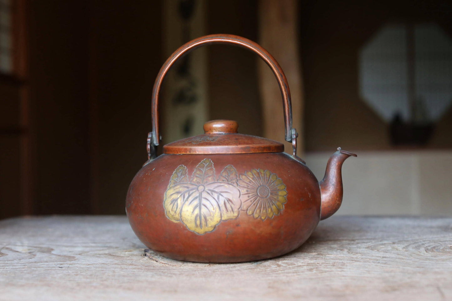 Antique Copper Kettle - Large Japanese Tea Pot With Chrysanthemum & Paulownia Design