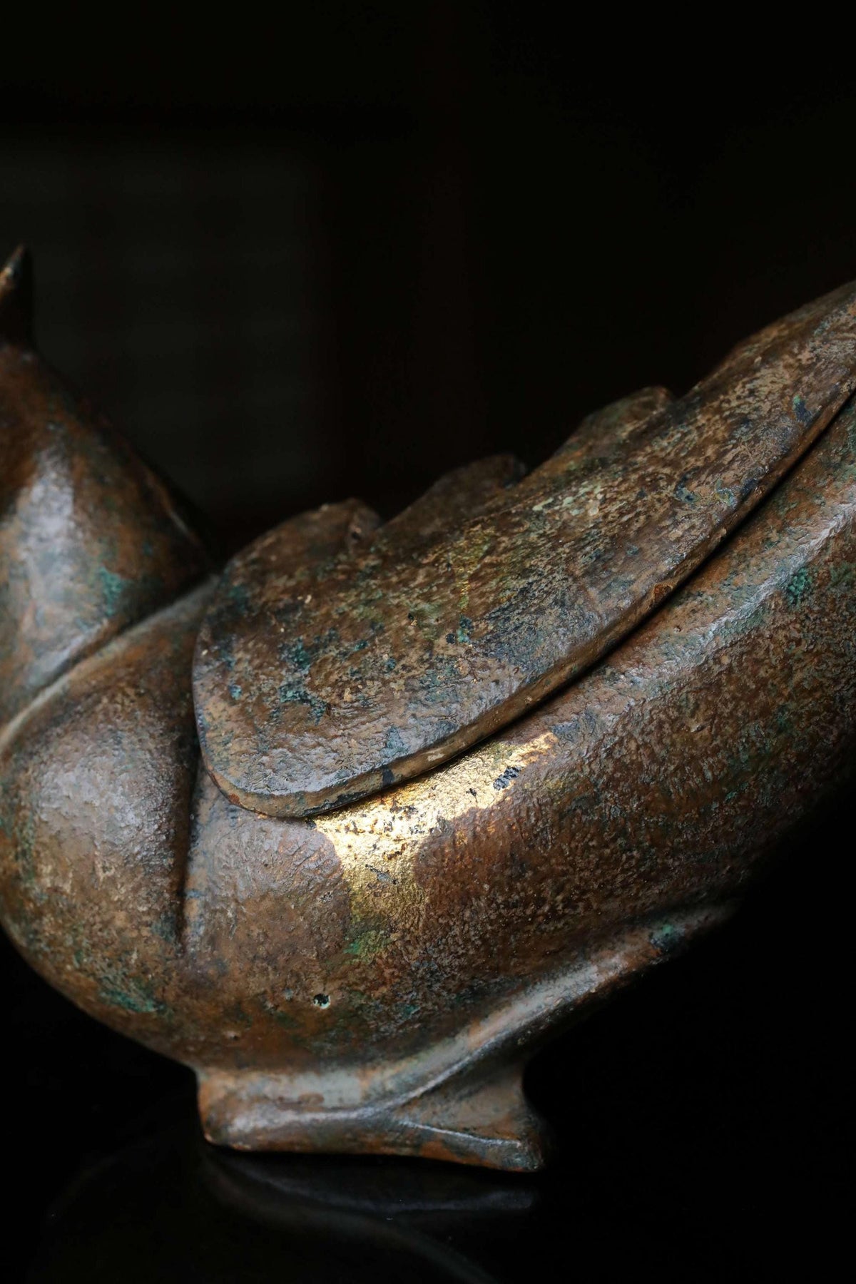 A close-up view of a rusted metal sculpture, possibly a bird or a bird-like figure, with a dark background.