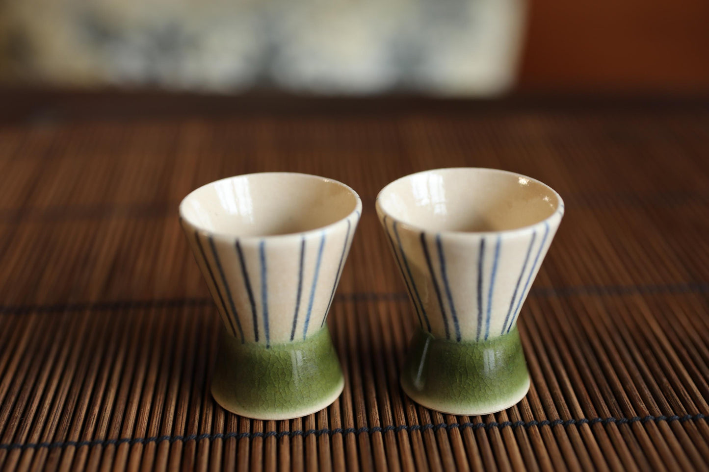Oribe Vintage Sake Set - Signed Ceramic Tokkuri Bottle with Wooden Tray