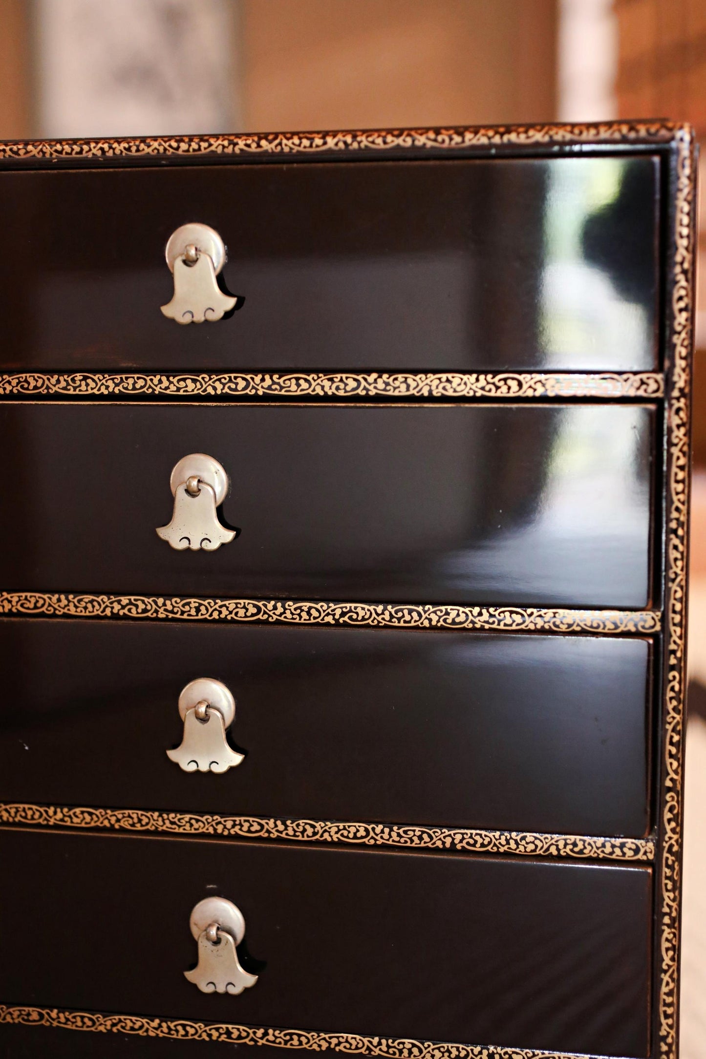 Tansu Chest: Black Lacquer Japanese Temple Chest With Gold Makie Family Crest & Glossy Finish