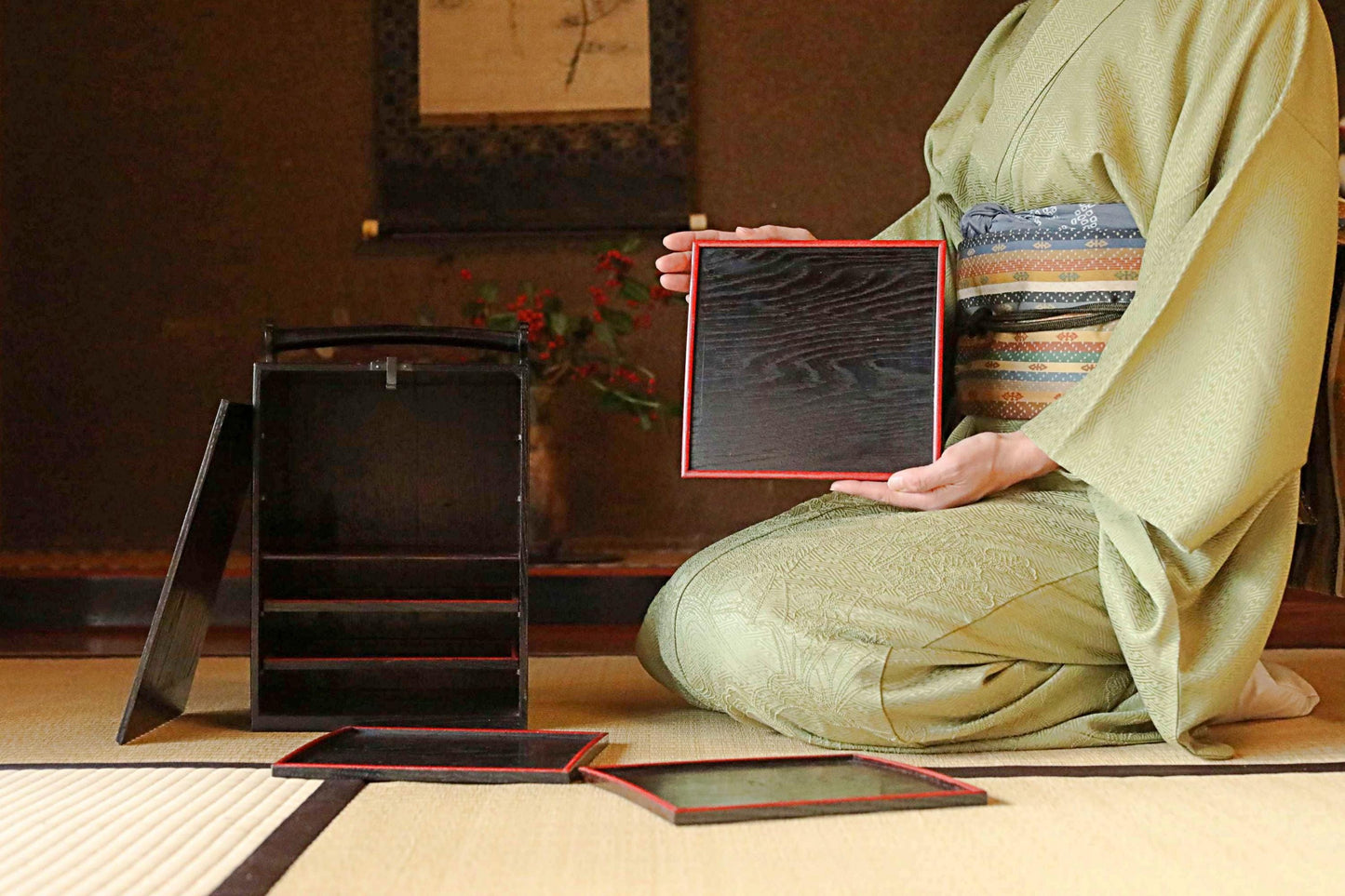 Japanese Lacquer Trays - Set of 5 Antique Wooden Trays with Black Obon Box