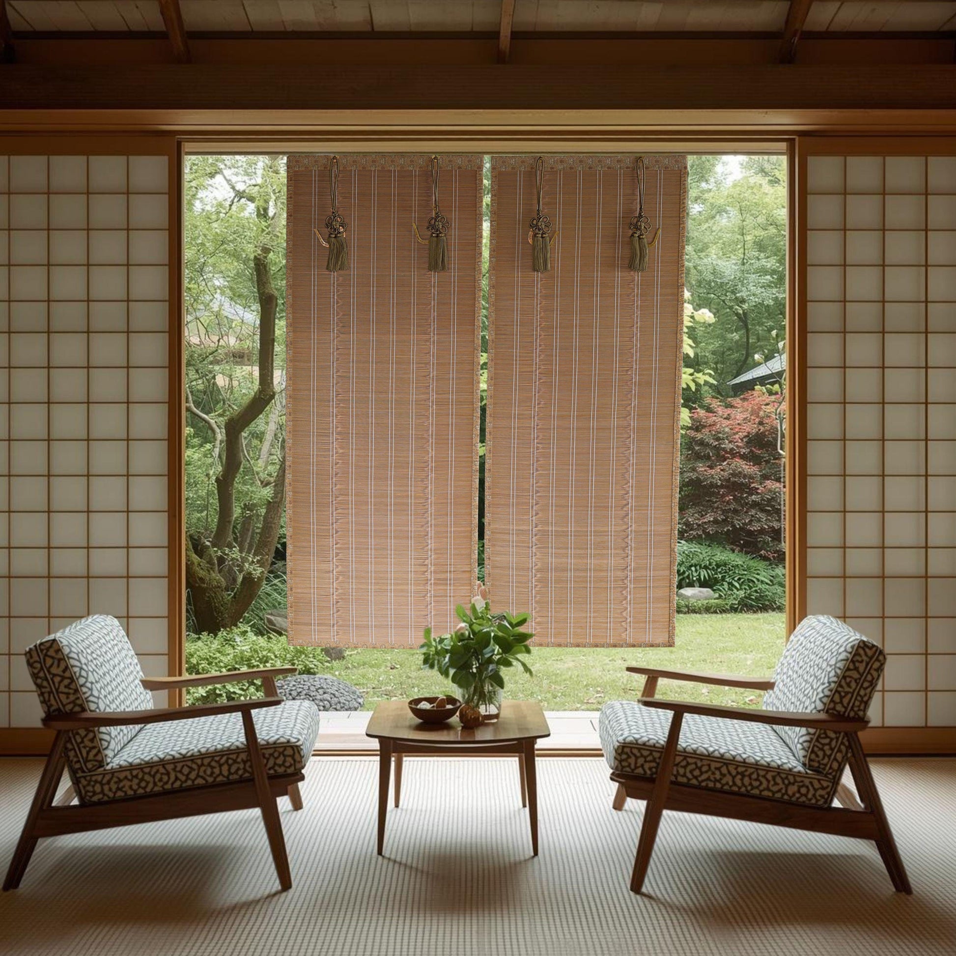 a serene and minimalist living space with a view of a lush garden through a large window. The room is furnished with two patterned armchairs and a wooden coffee table, creating a cozy seating area. The room is adorned with wooden blinds that allow natural light to filter in, and a small potted plant adds a touch of greenery to the space. The overall design and layout of the room create a harmonious and tranquil atmosphere.