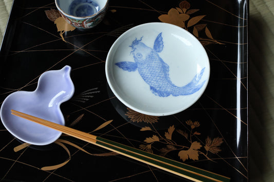 Vintage Japanese Porcelain Plates – Set of 8 Small Blue White Koi Carp Fish Design