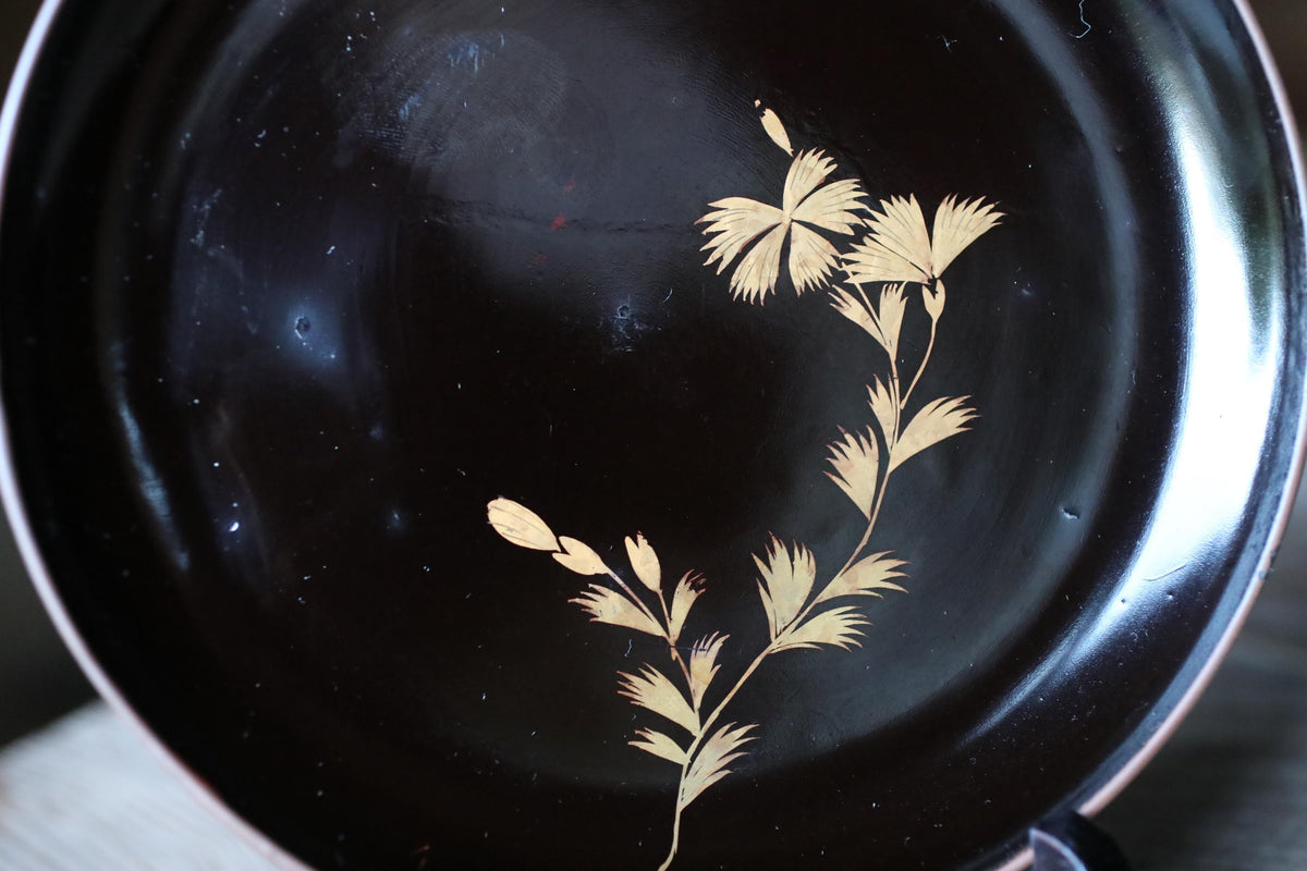a close-up view of a black plate with a gold floral design on it.