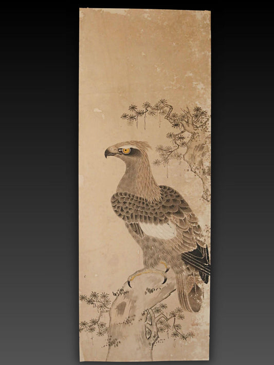 A painting of a bird of prey, likely an eagle, perched on a branch with a detailed and intricate depiction of its feathers and features.