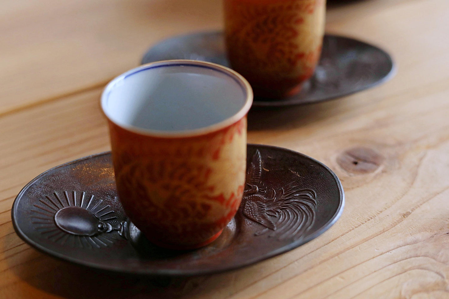 Antique Bronze Cup Saucers - Set of Five Japanese Tea Coasters with Phoenix Design