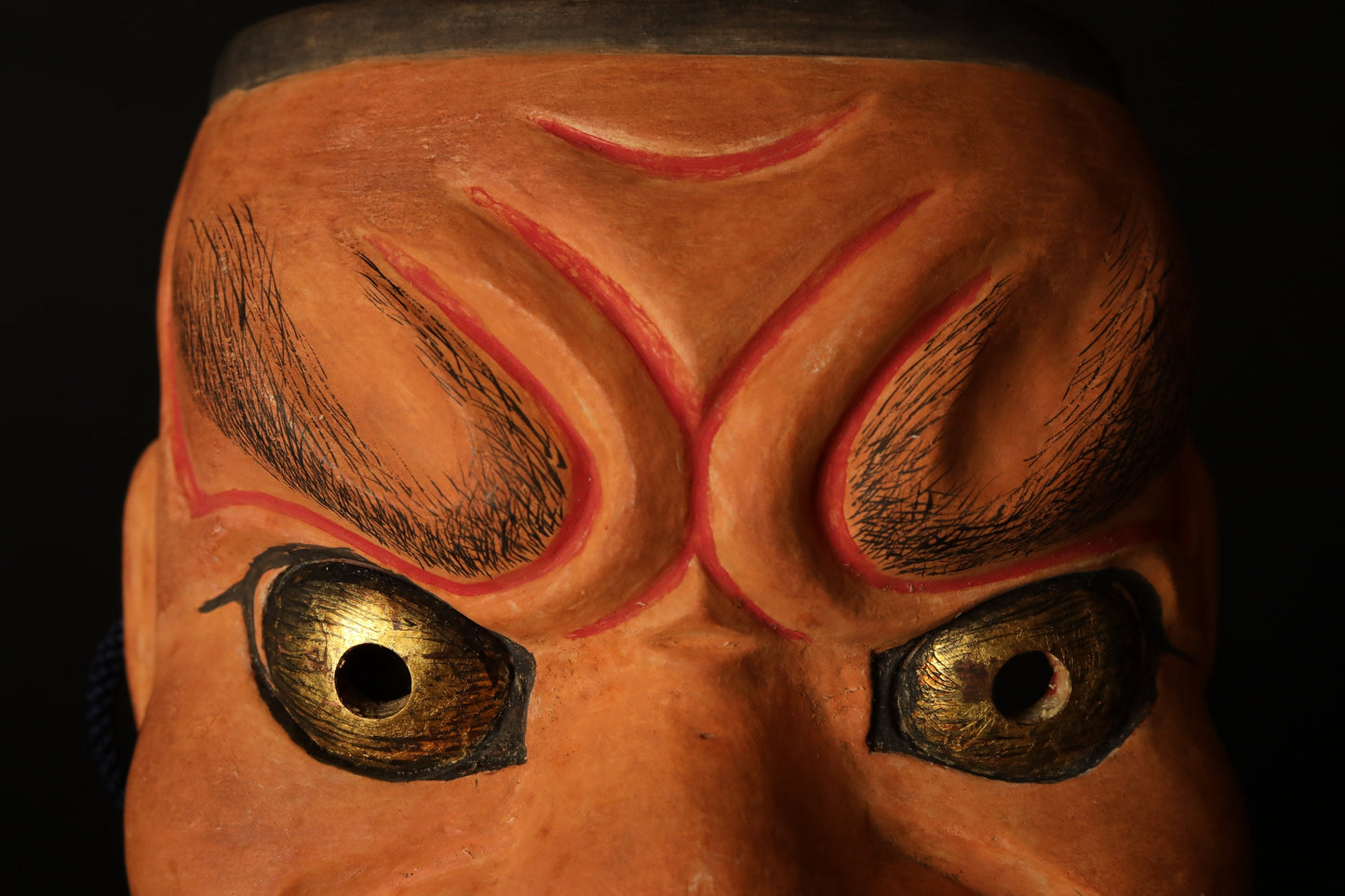 Japanese Noh Mask - Vintage Demon Wood Carving with Silk Pouch & Gold Eyes