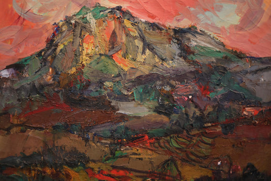 The image is an oil painting depicting a mountainous landscape with a vibrant, colorful palette of red, orange, green, and blue.