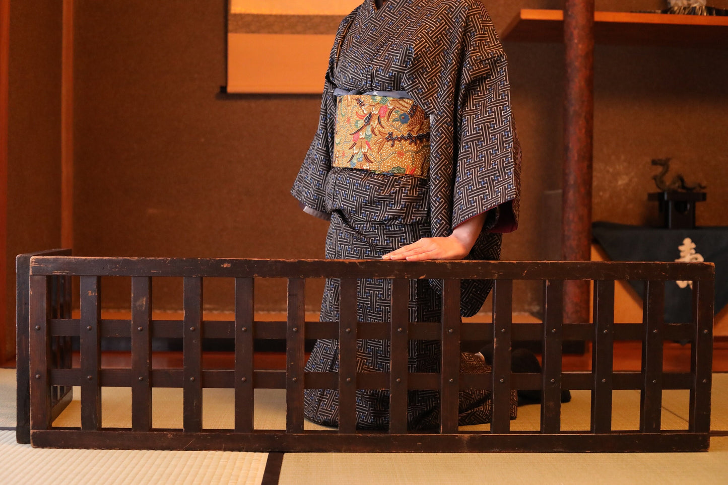 Japanese Wood Lattice Screen - Antique Folding Screen | Edo Period Furniture Decor