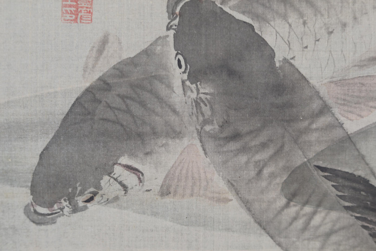 Japanese Koi Scroll - Antique Hanging Scroll Silk Paper with Watercolor Carp Painting